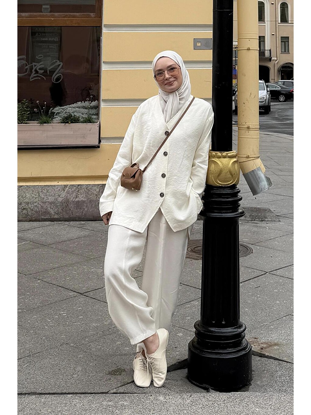 Düğmeli Modal Tunik Pantolon Takım Ekru-6