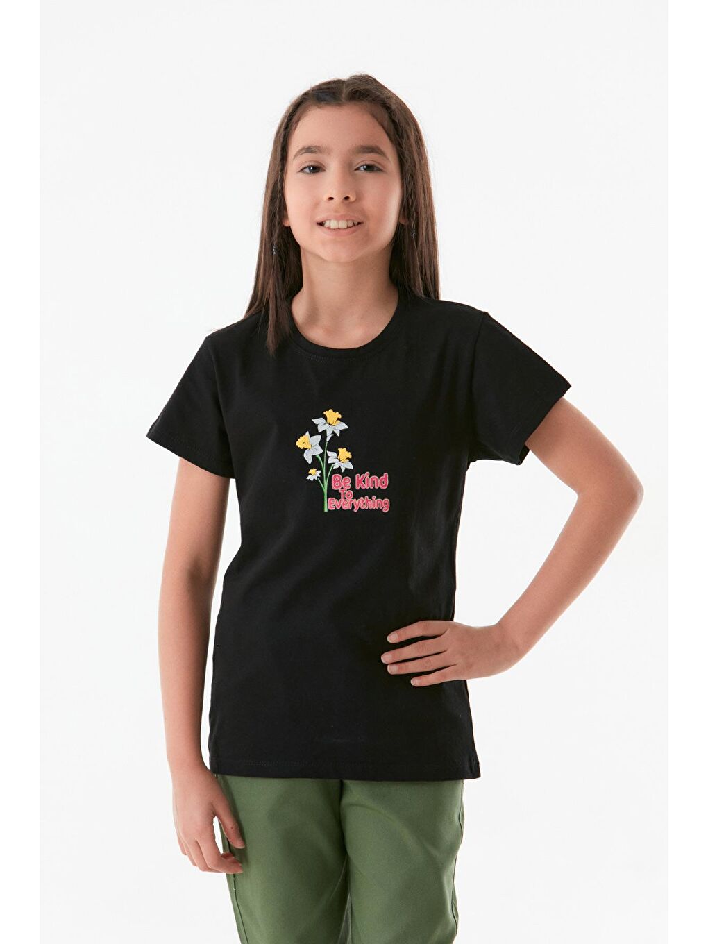 Siyah Önü Ve Arkası Baskılı Kız Çocuk Tişört-2
