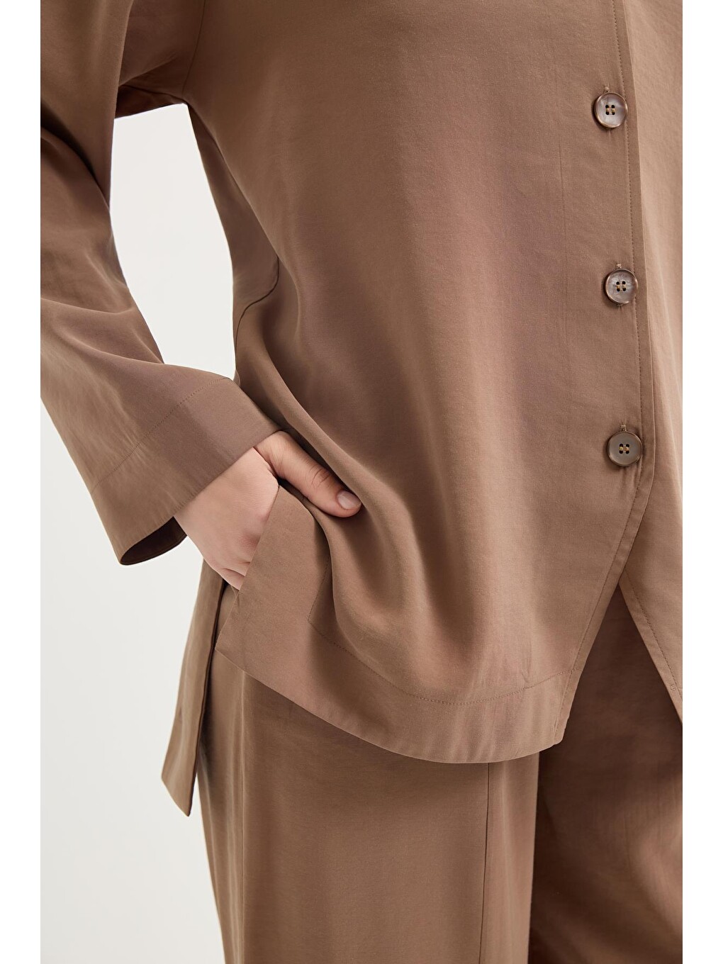 Kahverengi Düğmeli Modal Tunik Pantolon Takım Toprak-3