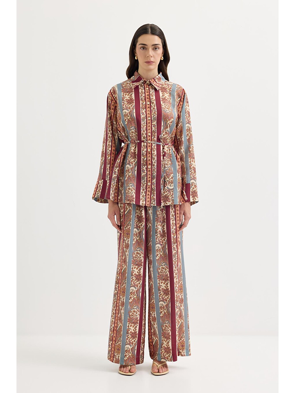 Desenli Gömlek Pantolon Takım Mürdüm-1