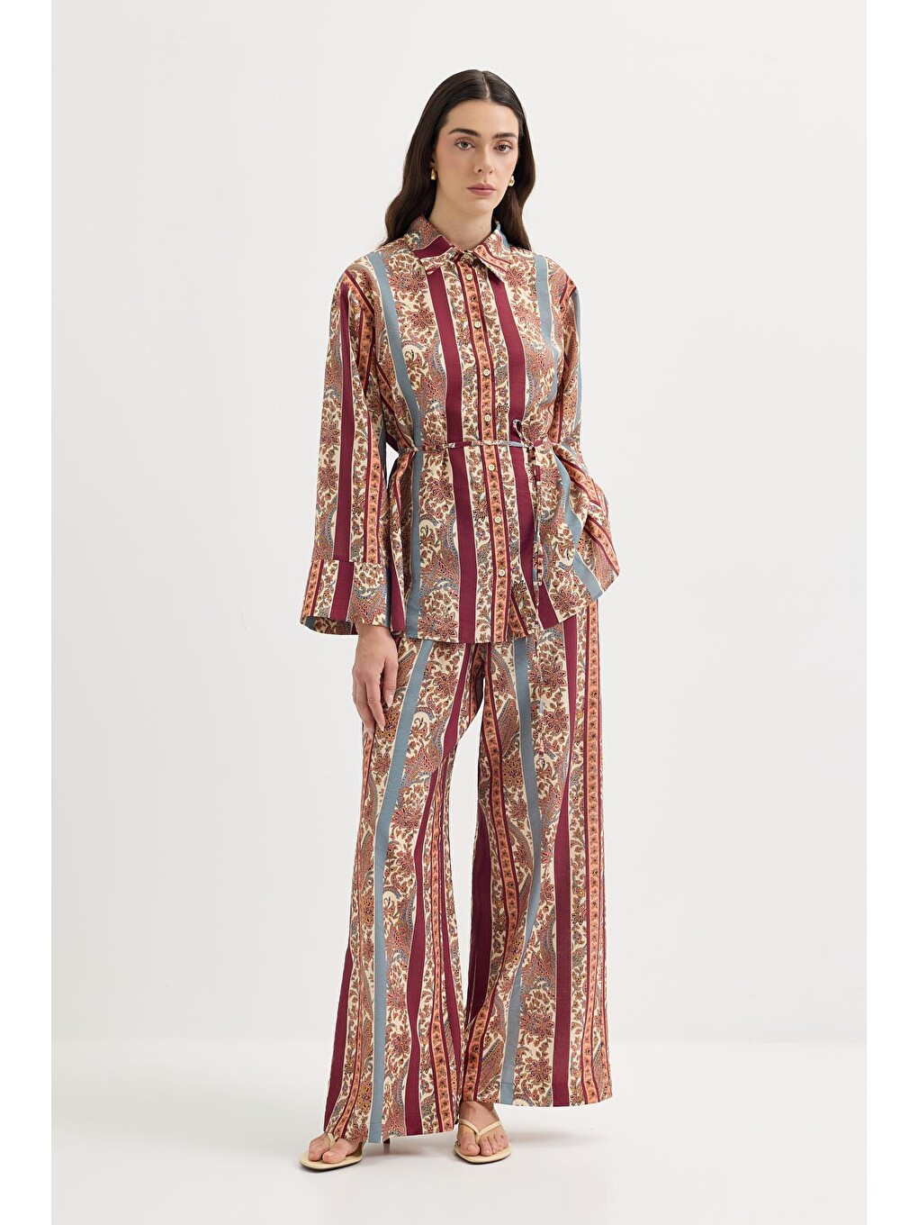 Desenli Gömlek Pantolon Takım Mürdüm-3