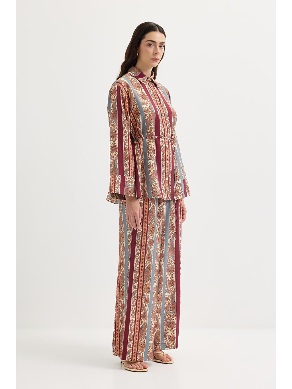 Desenli Gömlek Pantolon Takım Mürdüm-5