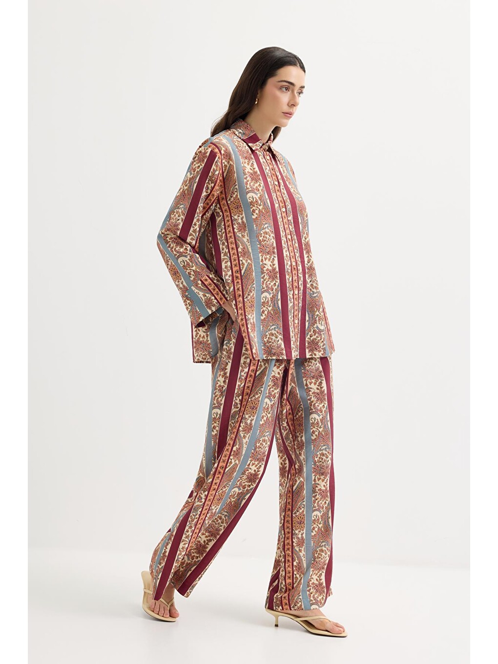 Desenli Gömlek Pantolon Takım Mürdüm-6