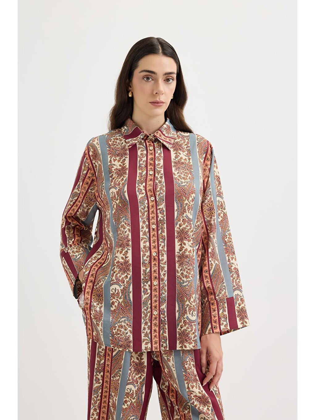 Desenli Gömlek Pantolon Takım Mürdüm-7