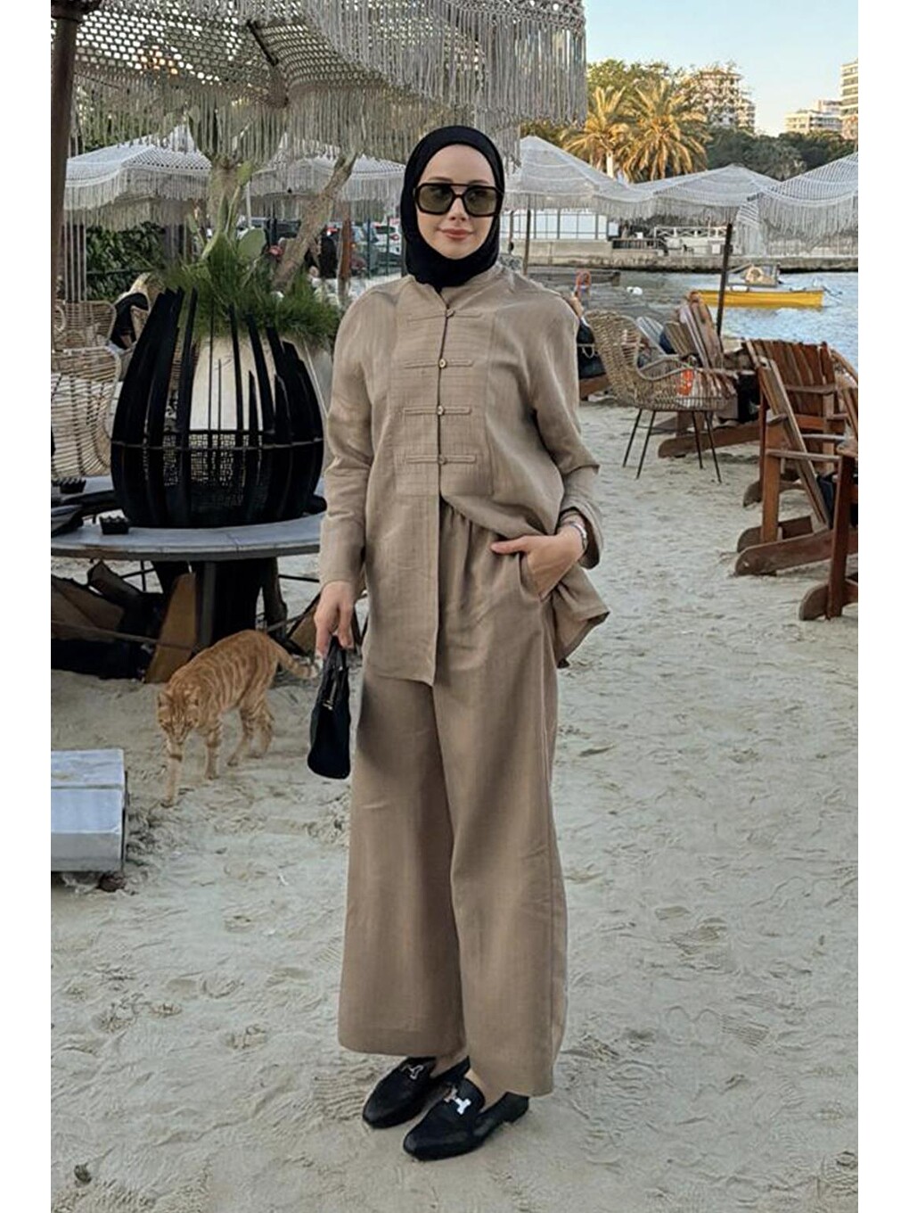 Kahverengi Çizgili Britli Gömlek Pantolon Takım Camel-4