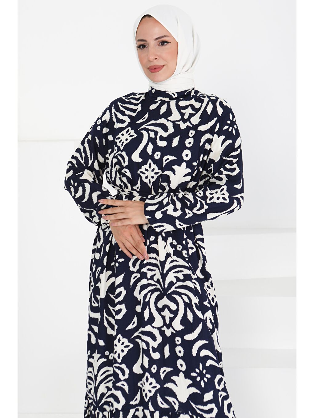 Kuşaklı Desenli Elbise Siyah - 27394-3