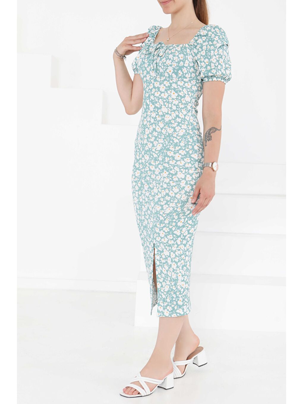 Yeşil Prenses Kol Yırtmaçlı Elbise Mint - 27292-3