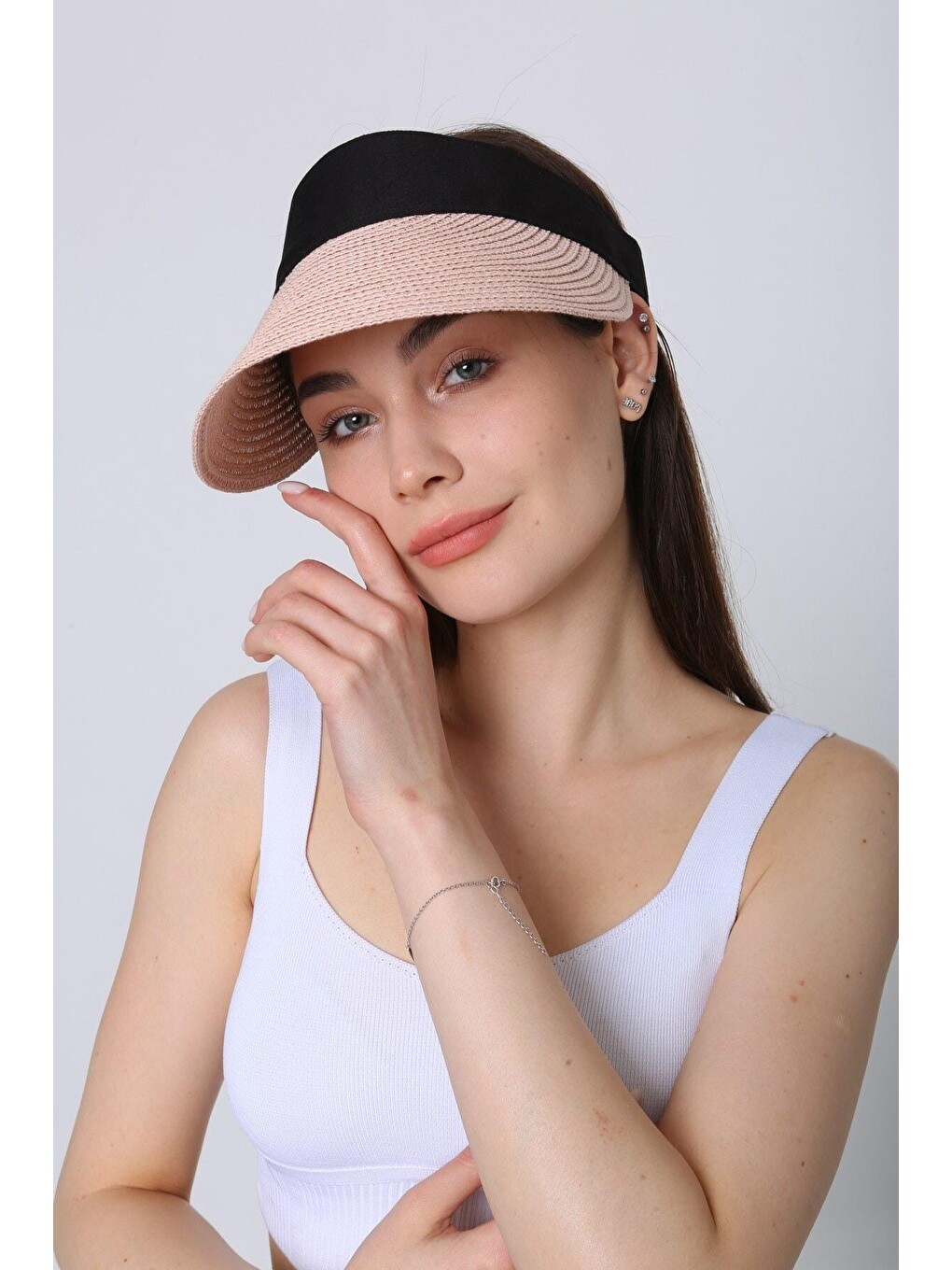 Pembe Pudra Ithal Katlanabilir Cırtlı Hasır Vizör - Tenisçi - Golf Şapka Hsr2060-1