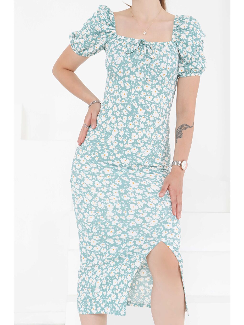 Yeşil Prenses Kol Yırtmaçlı Elbise Mint - 27292-4