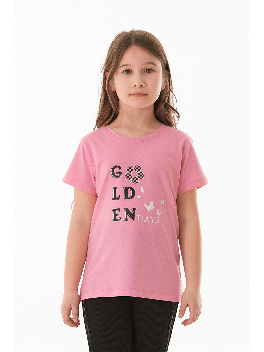Pembe %100 Pamuk Golden Days Baskılı Kız Çocuk Tişört
