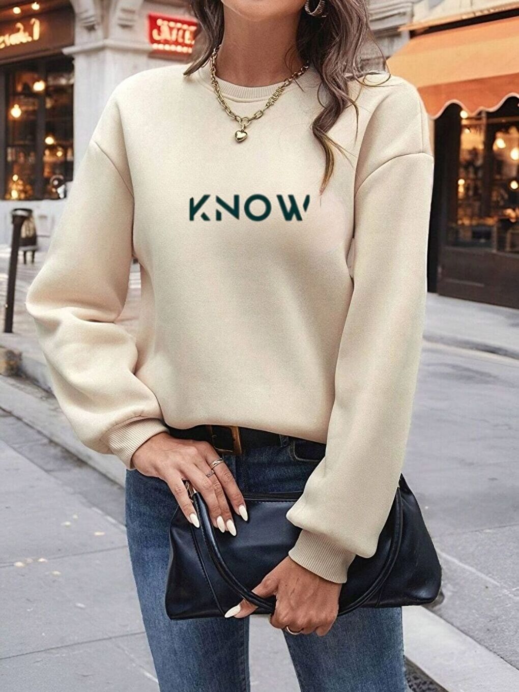 Kadın Bej Özel KNOW Baskılı Oversize Bisiklet Yaka Uzun Kollu Sweatshirt