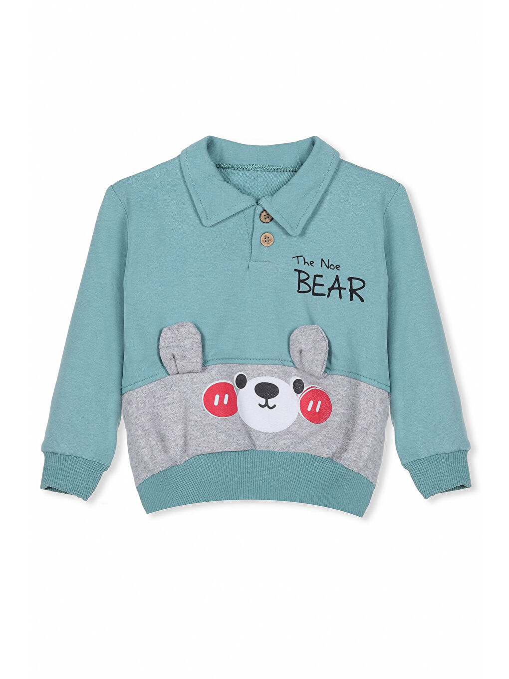 KİKO Koyu Mint Yeşili Bear Baskı Düğme Detaylı Erkek Bebek Sweatshirt Eşofman 2'Li Takım - 1