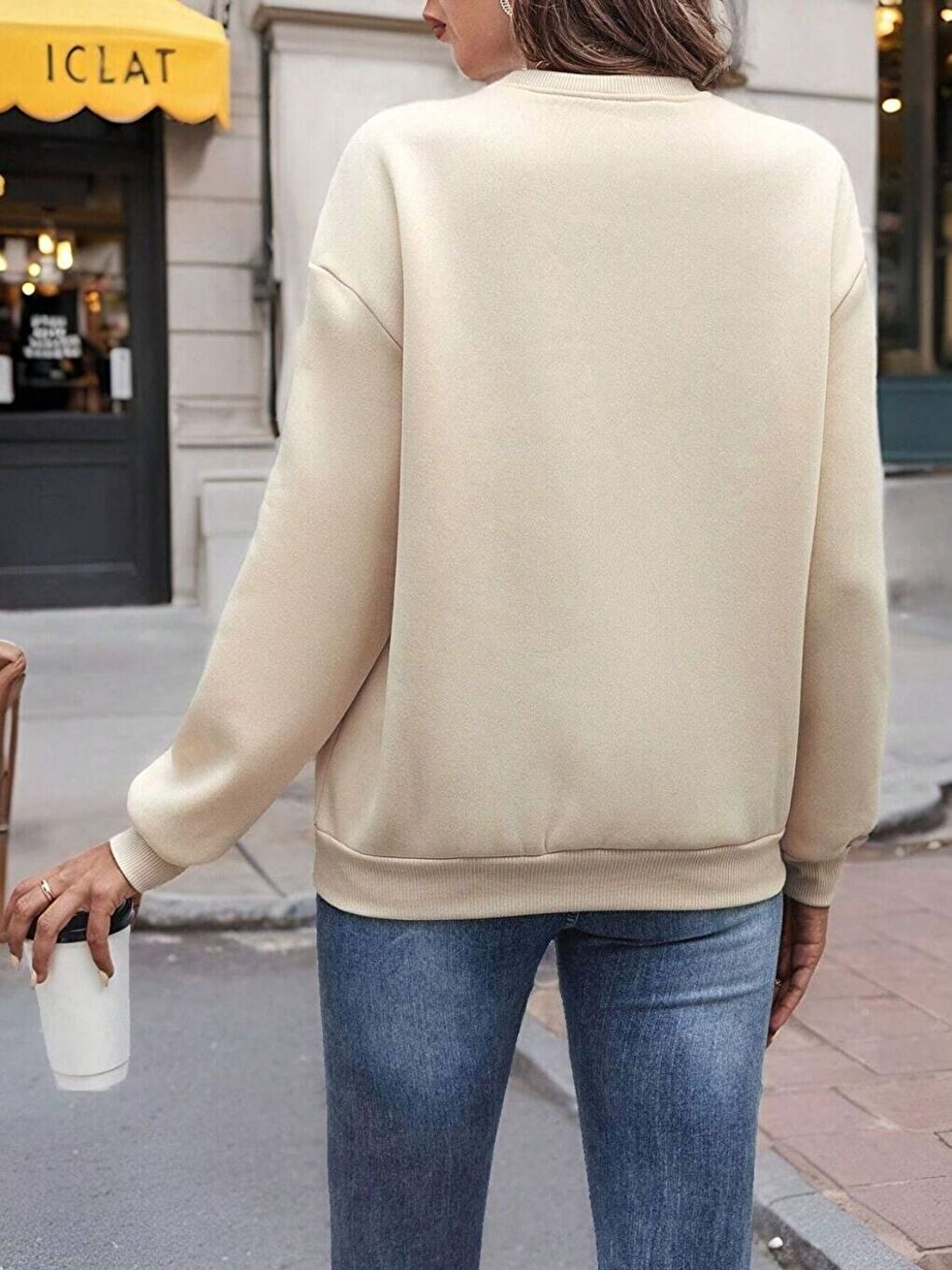 Kadın Bej Özel KNOW Baskılı Oversize Bisiklet Yaka Uzun Kollu Sweatshirt-1