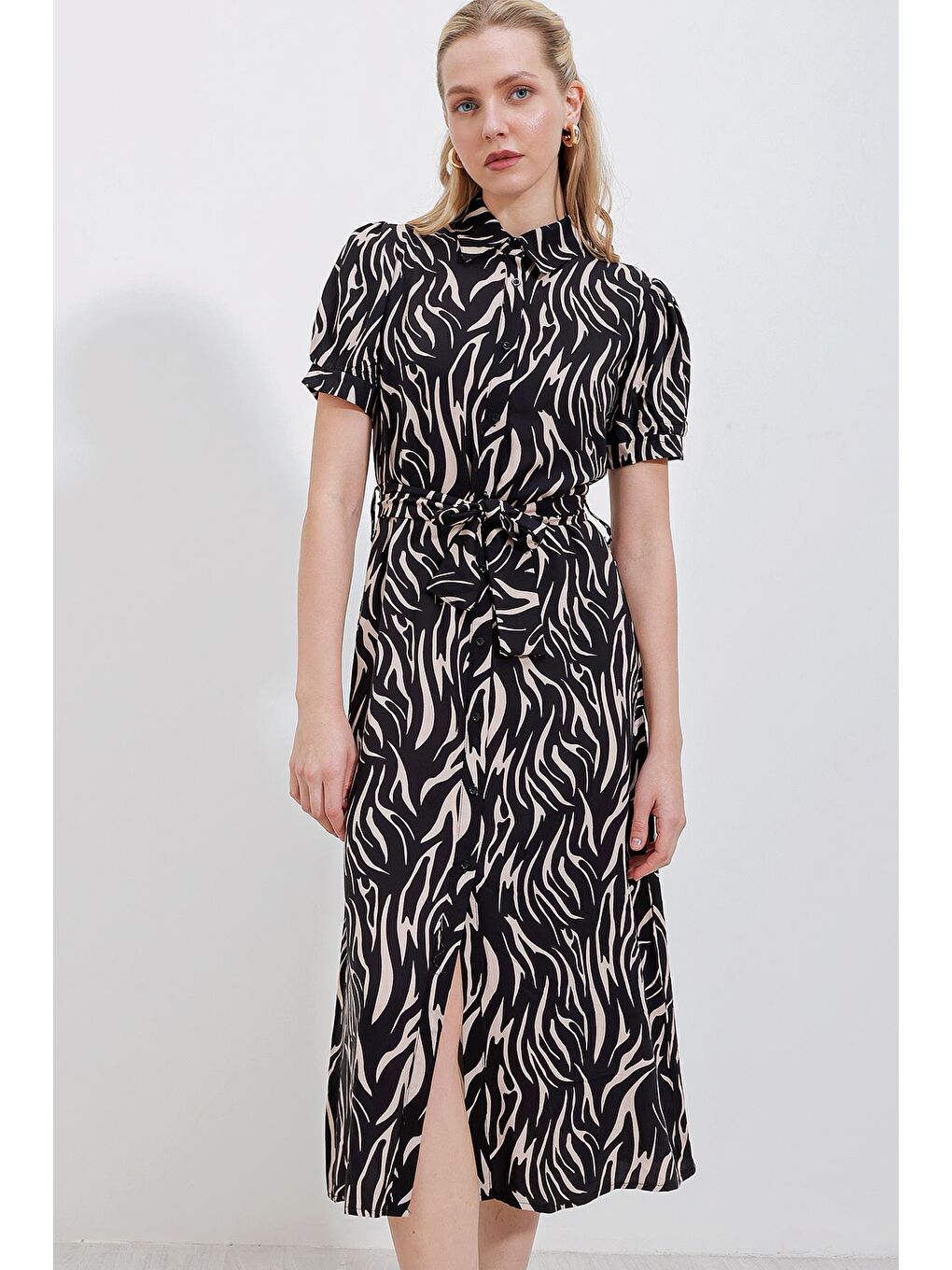 2213 Kısa Kol Viskon Elbise - Bej