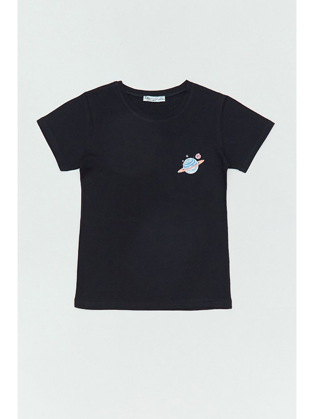 Siyah %100 Pamuk Önü Ve Arkası Gezegen Baskılı Kız Çocuk Tişört