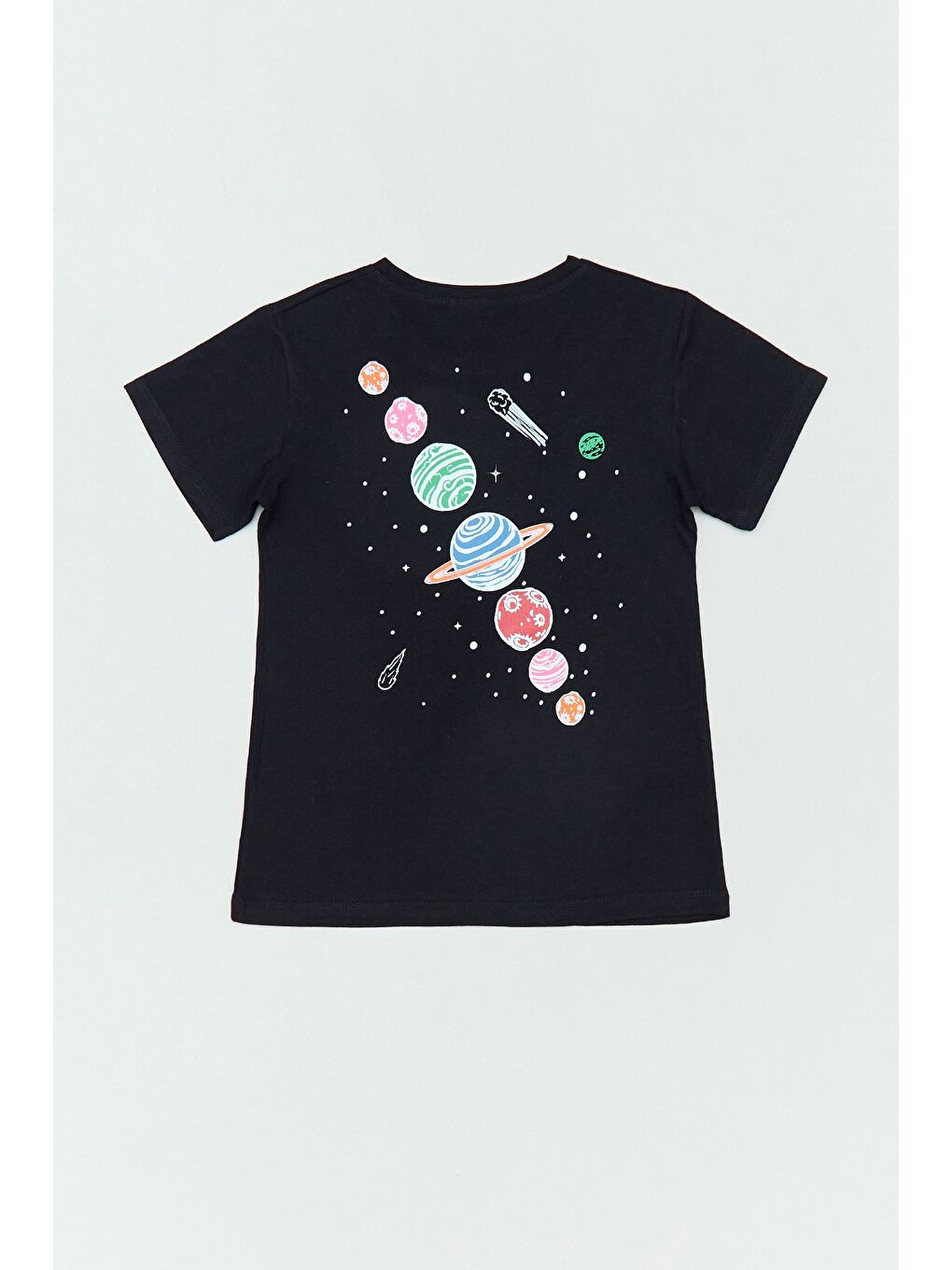 Siyah %100 Pamuk Önü Ve Arkası Gezegen Baskılı Kız Çocuk Tişört-1