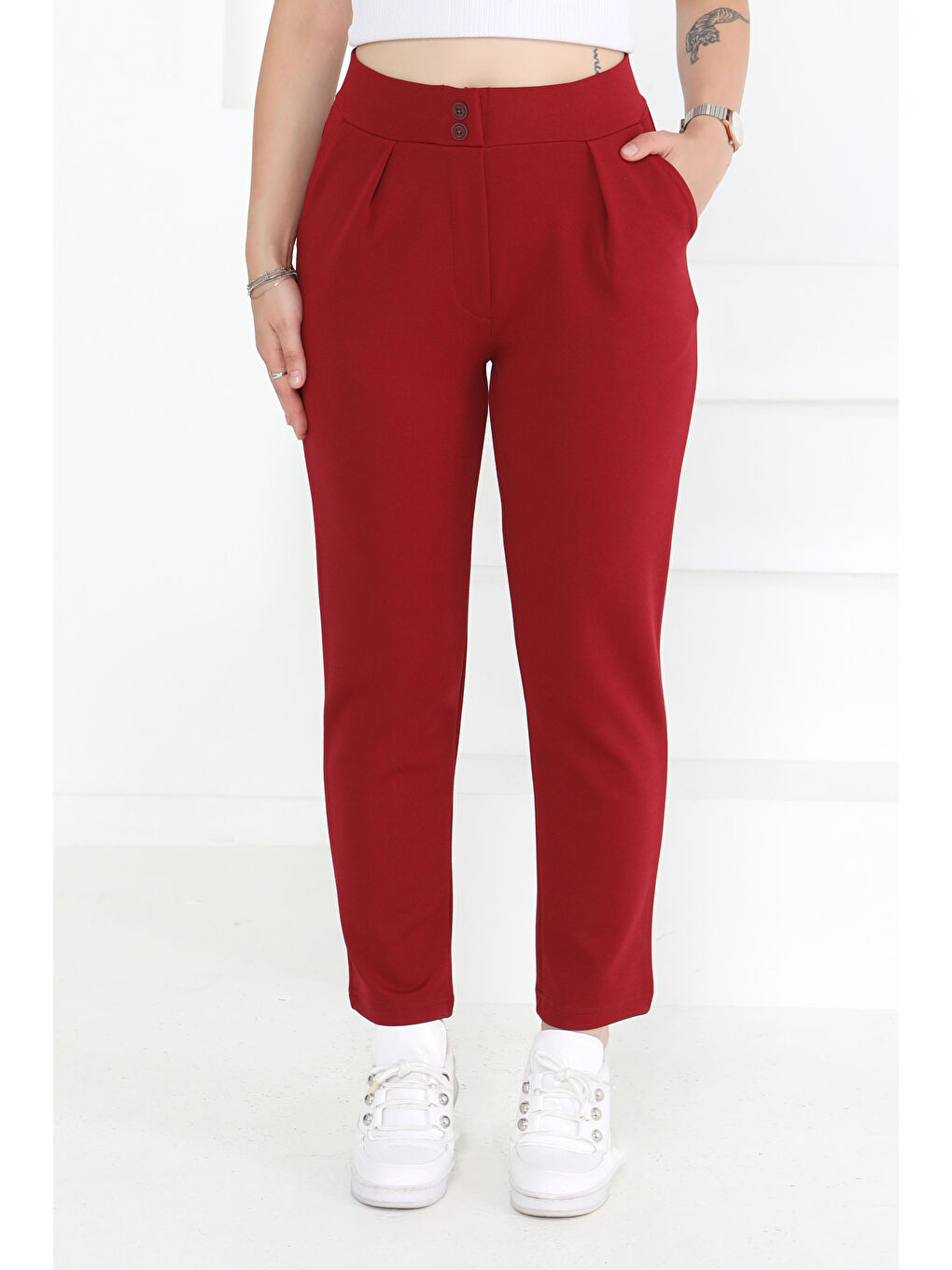 Çift Düğmeli Spor Pantolon Bordo - 27352-1
