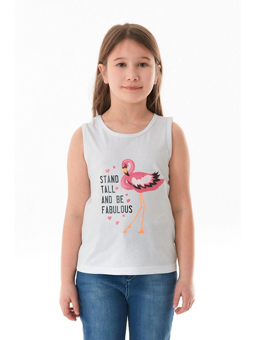 Beyaz %100 Pamuk Flamingo Baskılı Kolsuz Kız Çocuk Tişört