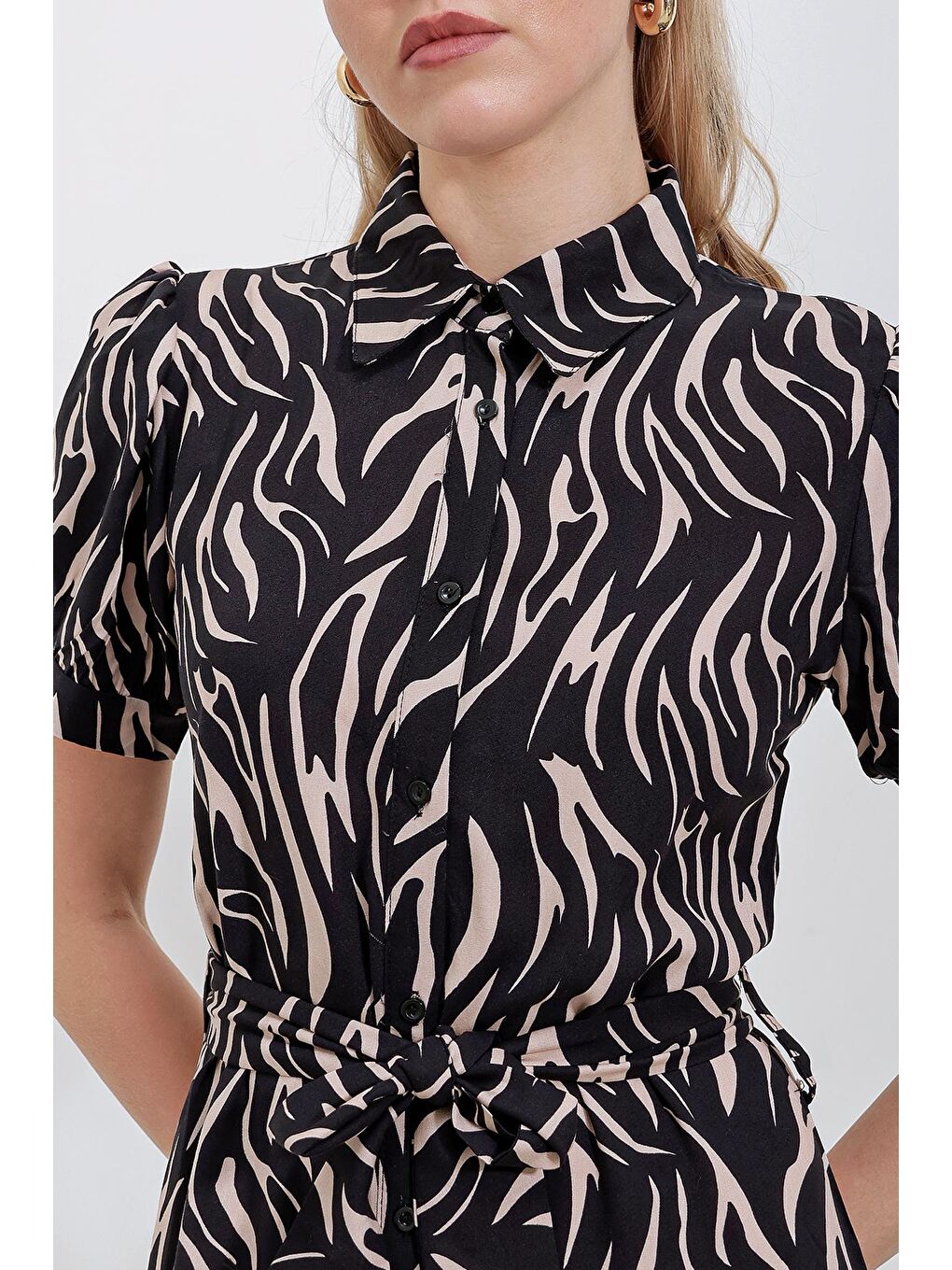 2213 Kısa Kol Viskon Elbise - Bej-2