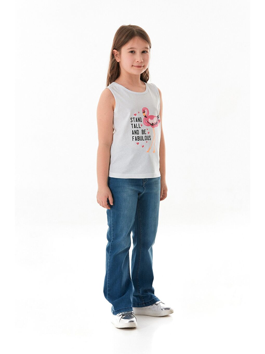 Beyaz %100 Pamuk Flamingo Baskılı Kolsuz Kız Çocuk Tişört-1