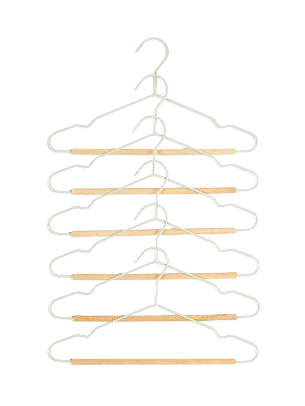 Yeşil 6'lı Ahşap Destekli Mat Mint Renk Kauçuk Kaplamalı Metal Çocuk Giysi Askısı 18 x 32 x 0.3 cm-3