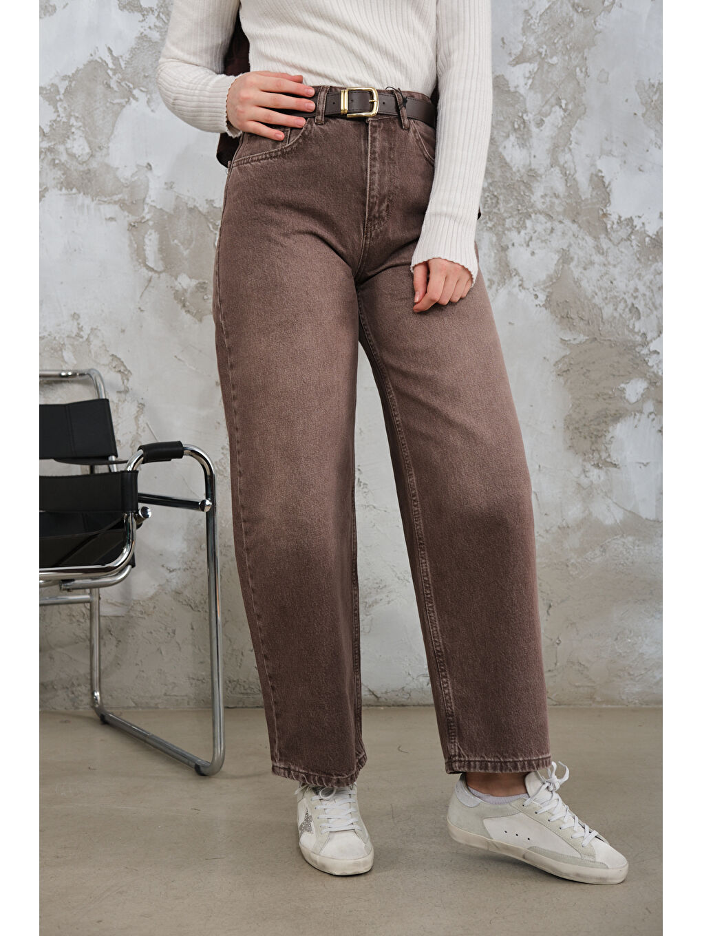 Kadın Yıkama Desen Kemerli Pantolon Kahverengi-1