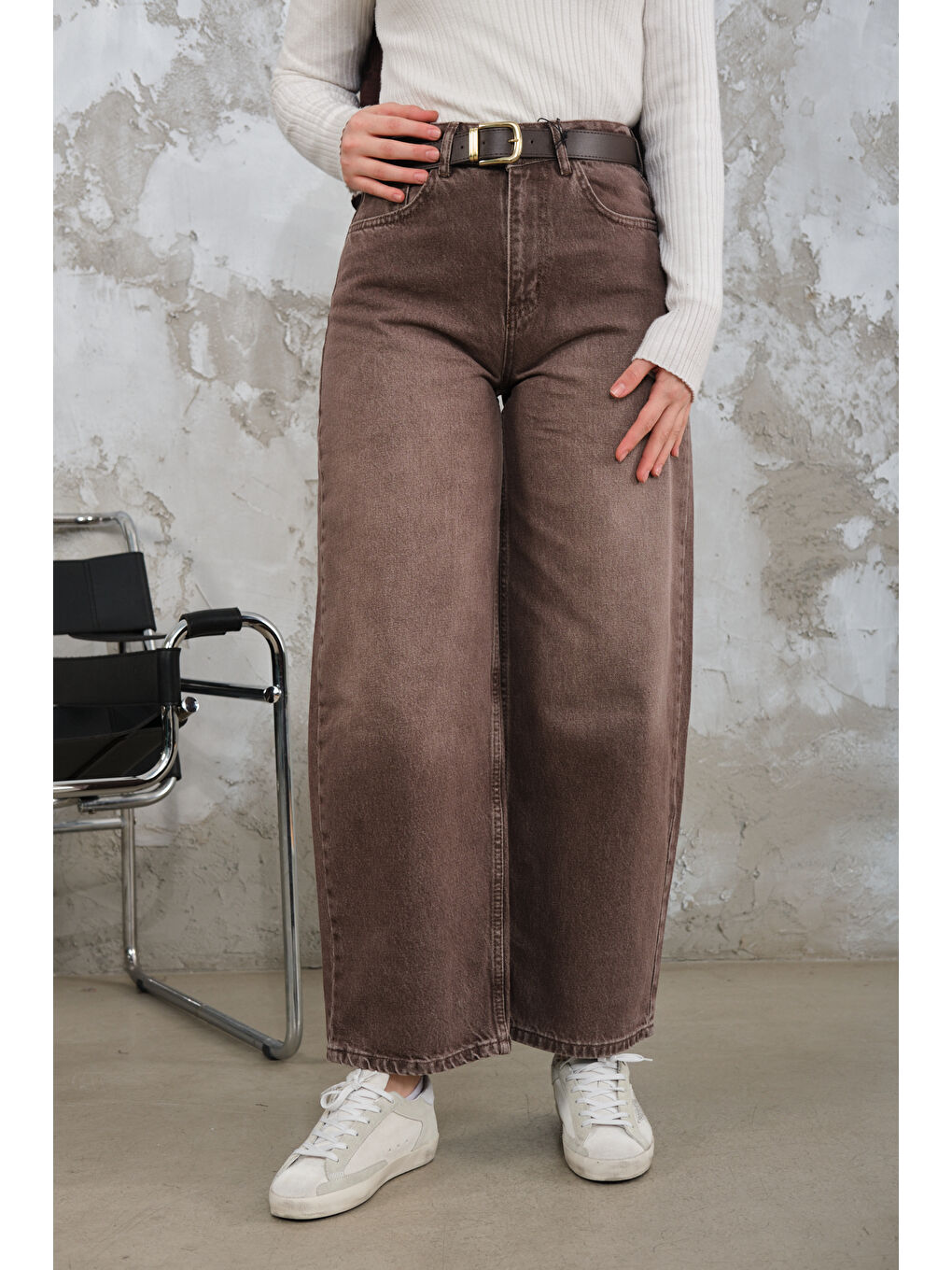 Kadın Yıkama Desen Kemerli Pantolon Kahverengi-2