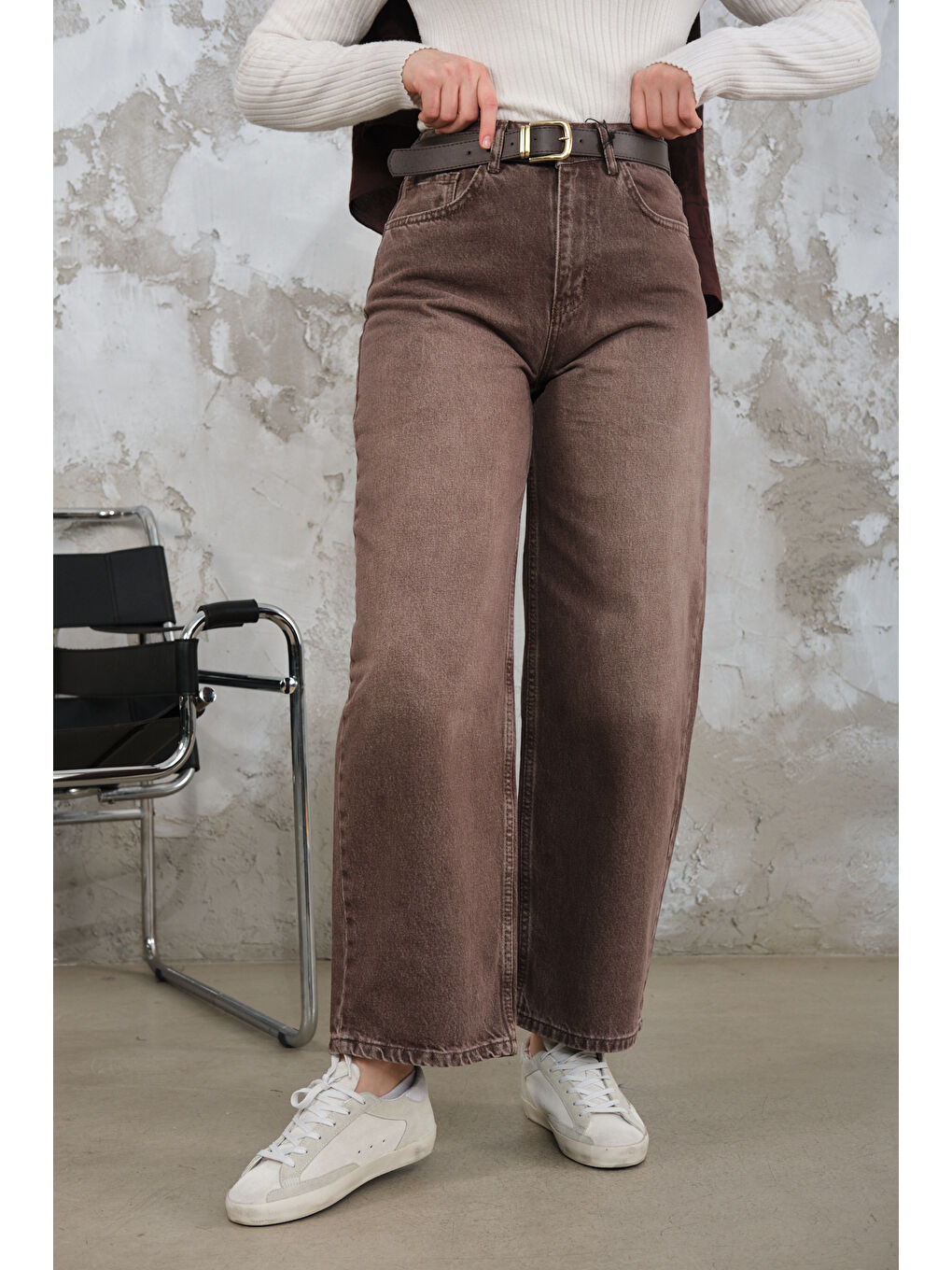 Kadın Yıkama Desen Kemerli Pantolon Kahverengi-3