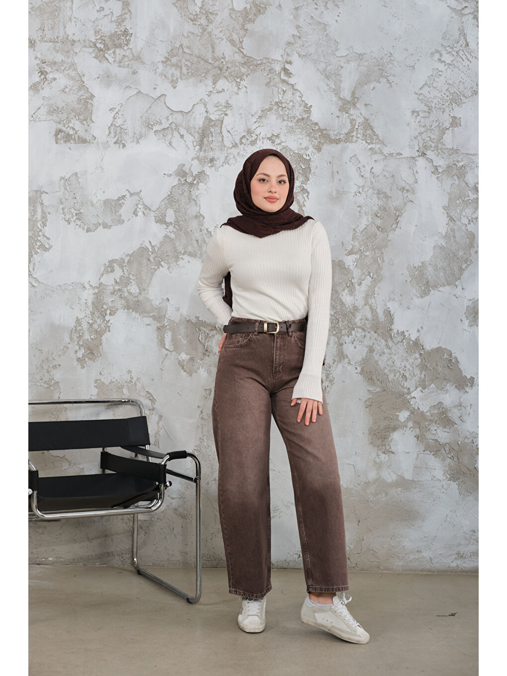 Kadın Yıkama Desen Kemerli Pantolon Kahverengi-4