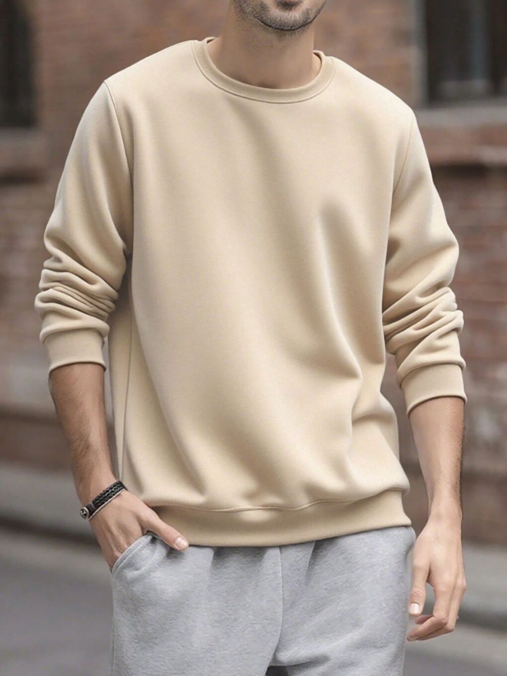 Bej Baskısız Oversize Bisiklet Yaka Uzun Kollu Sweatshirt-2