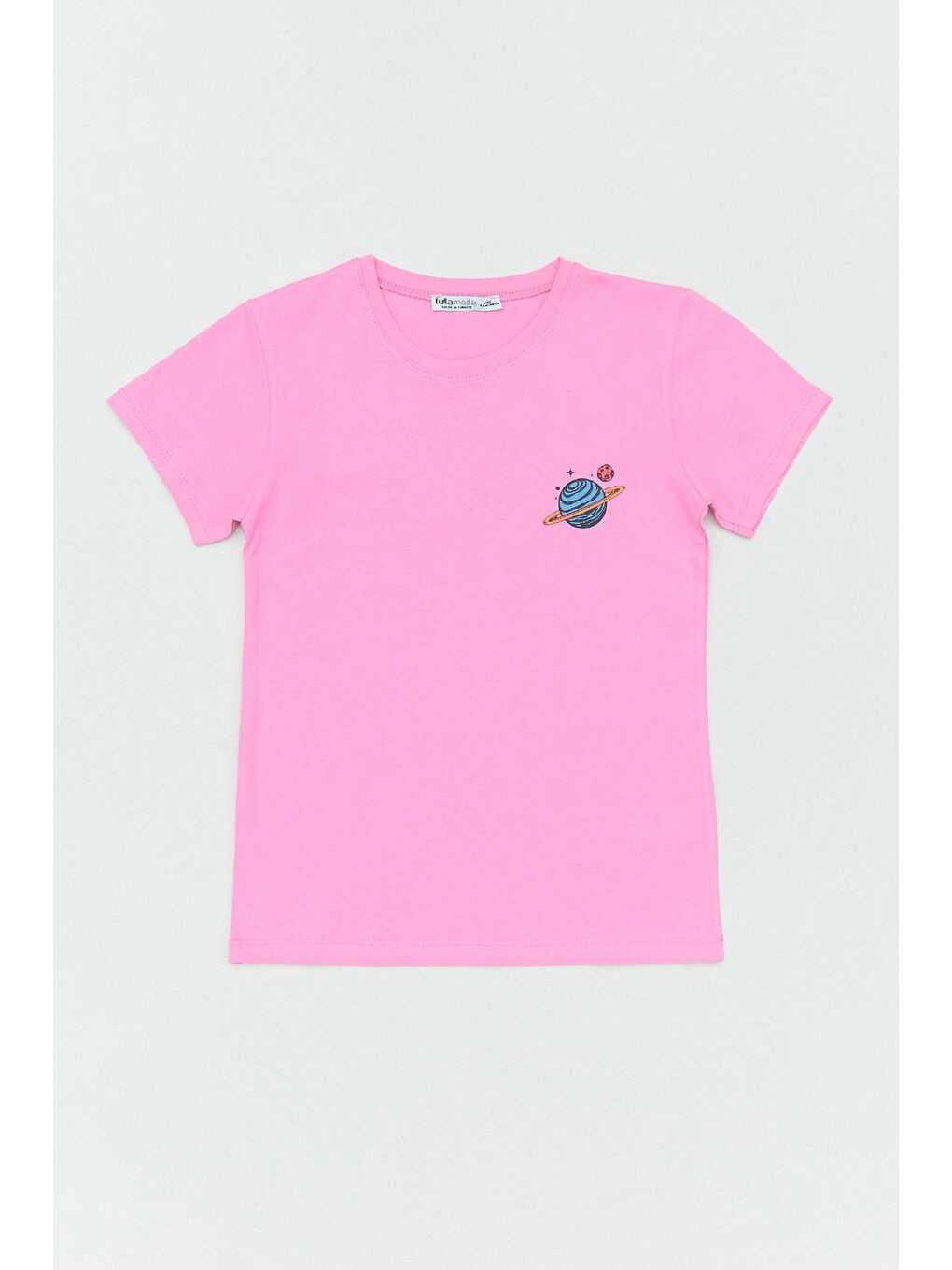 Pembe %100 Pamuk Önü Ve Arkası Gezegen Baskılı Kız Çocuk Tişört