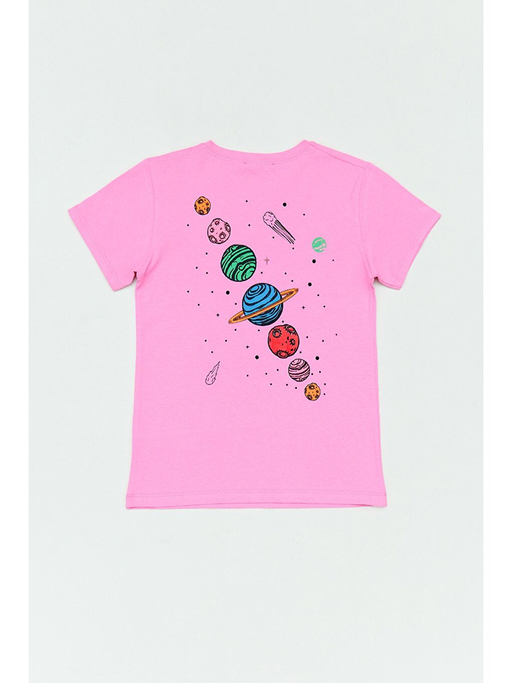 Pembe %100 Pamuk Önü Ve Arkası Gezegen Baskılı Kız Çocuk Tişört-1