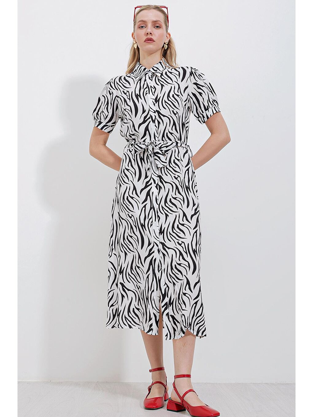 2213 Kısa Kol Viskon Elbise - Siyah-2