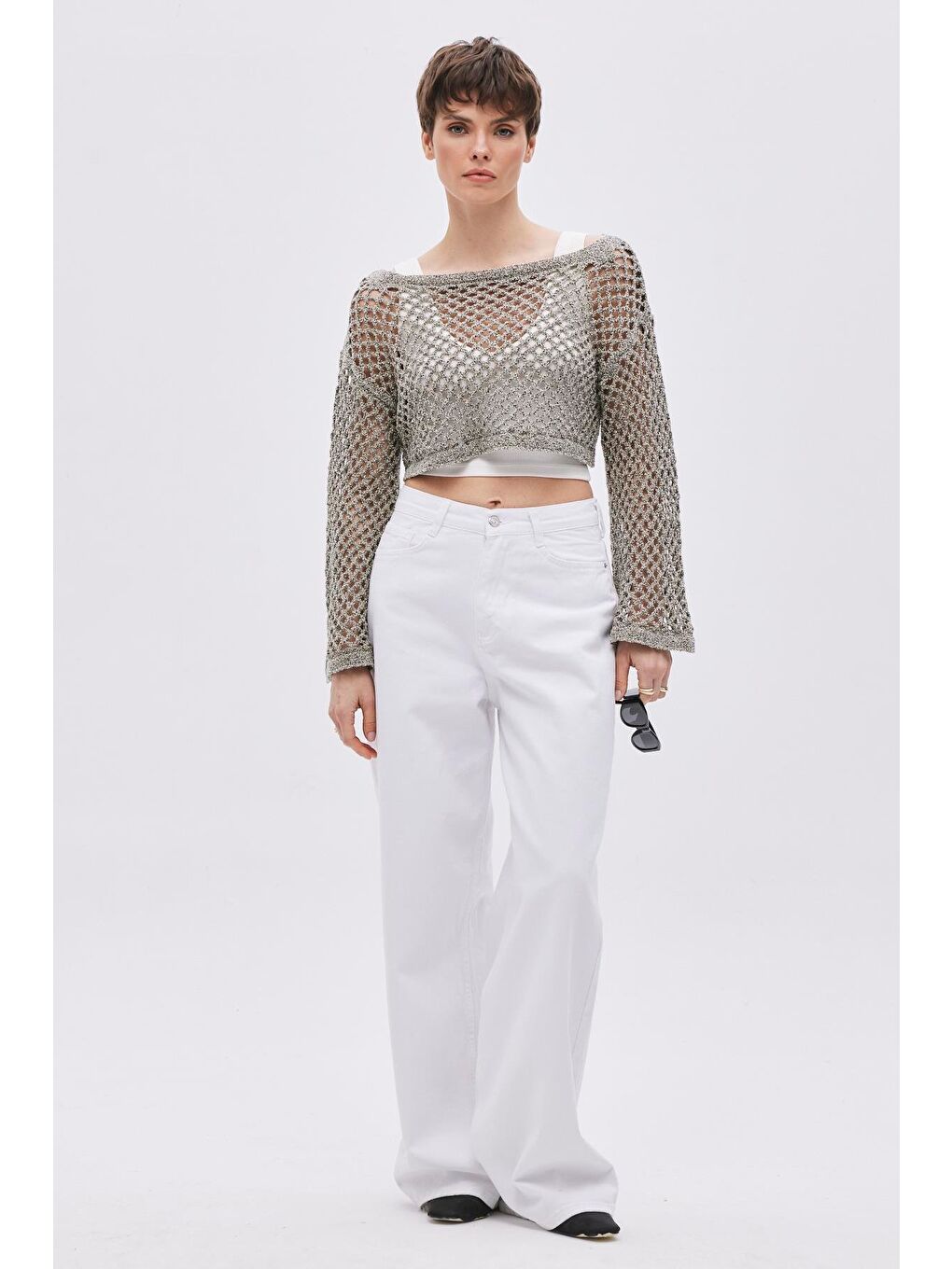 Ekru Haki Kayık Yaka Delikli Triko Bluz-1