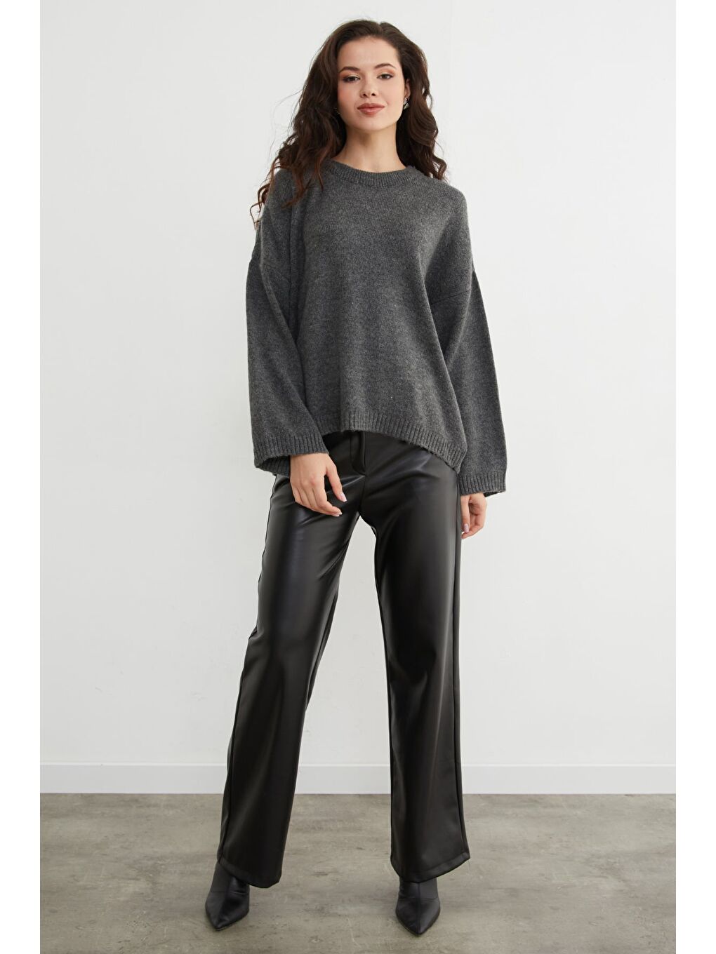 Antrasit Basic Bisiklet Yaka Salaş Triko Kazak-1