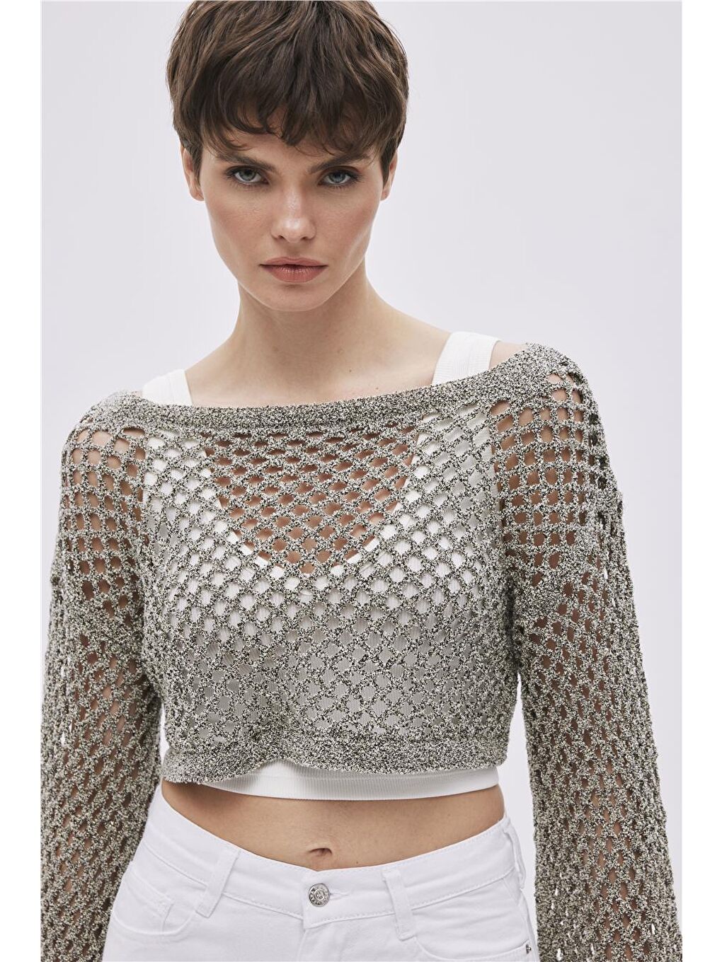 Ekru Haki Kayık Yaka Delikli Triko Bluz-2