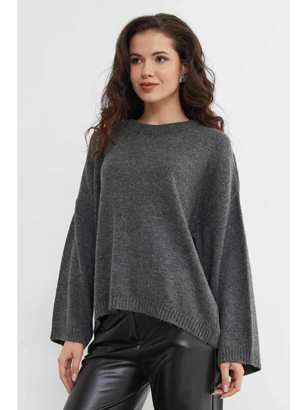 Antrasit Basic Bisiklet Yaka Salaş Triko Kazak-2