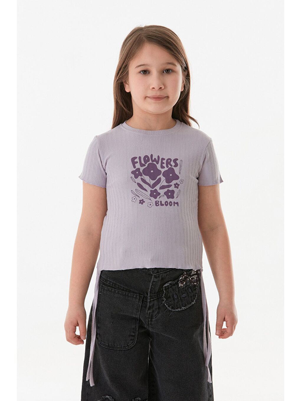 Lila Yazı Baskılı Yanları Büzgülü Kız Çocuk Tişört-1