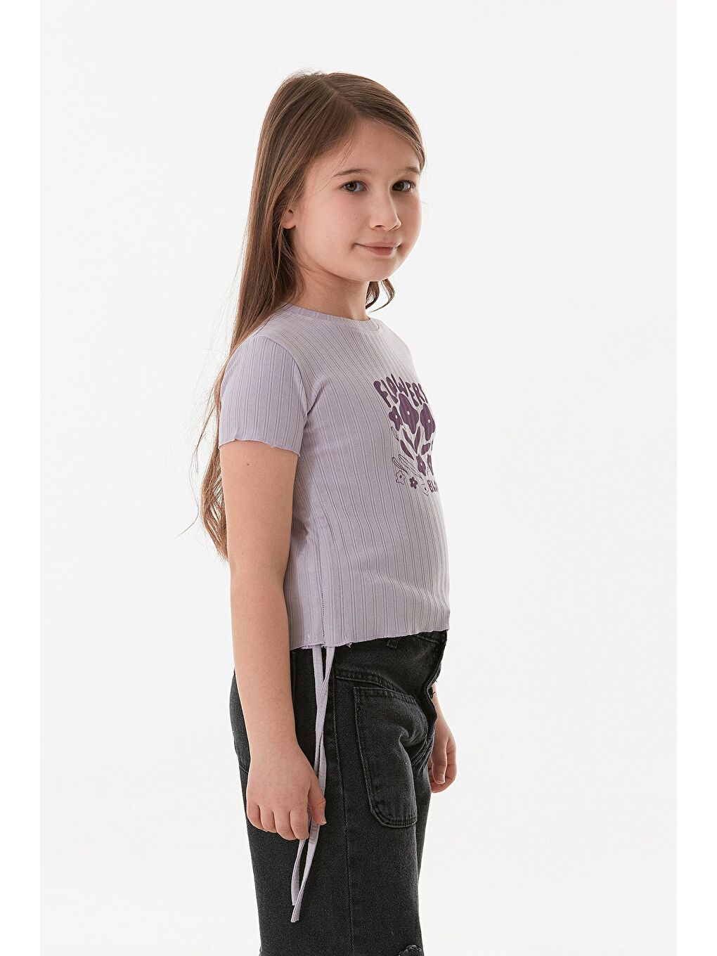 Lila Yazı Baskılı Yanları Büzgülü Kız Çocuk Tişört-2