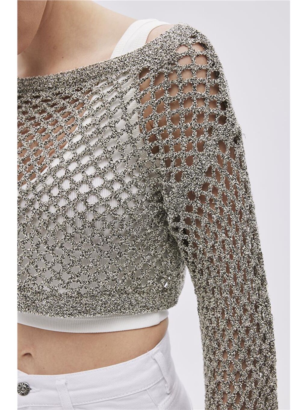 Ekru Haki Kayık Yaka Delikli Triko Bluz-3