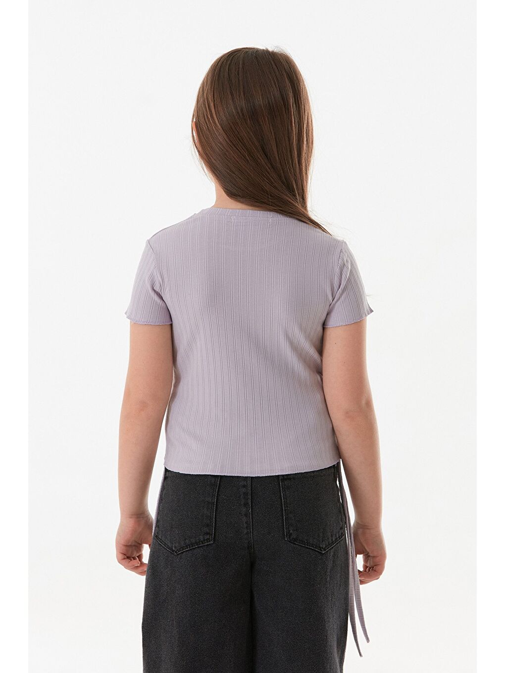 Lila Yazı Baskılı Yanları Büzgülü Kız Çocuk Tişört-3