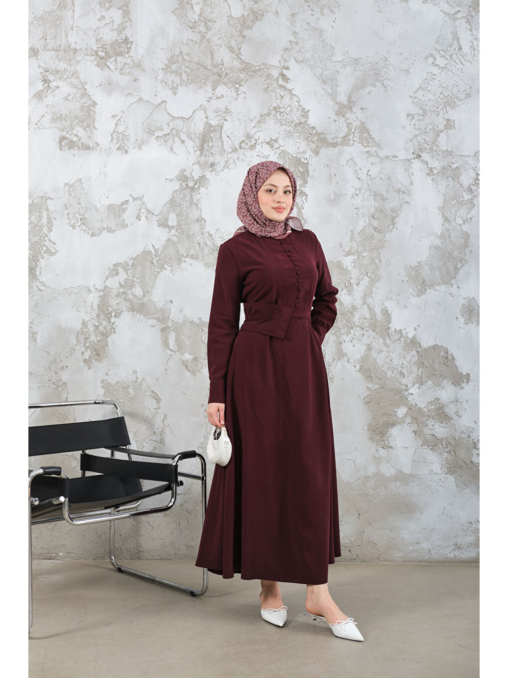 Kadın Bel Bağlamalı  Elbise Bordo-1