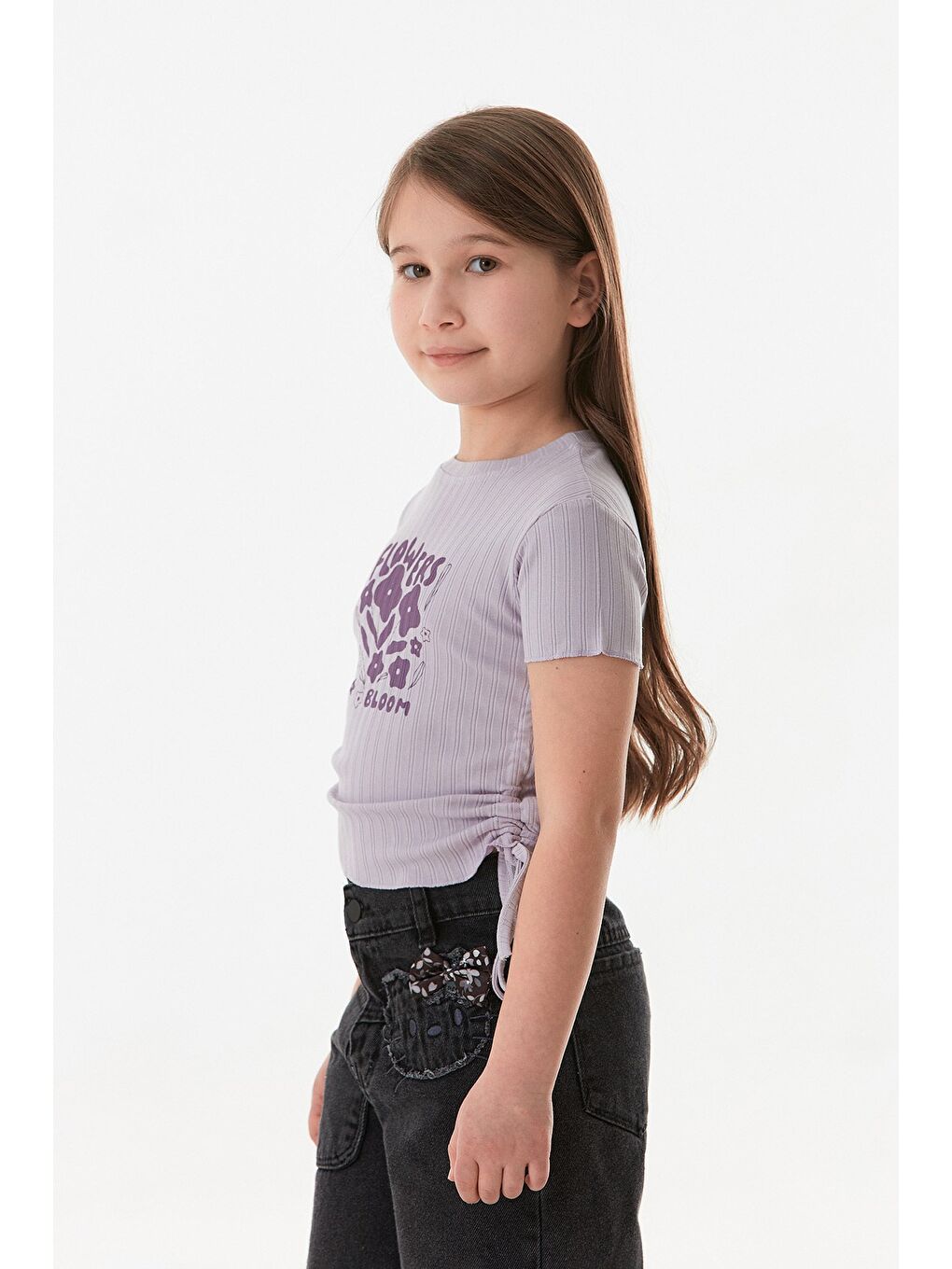 Lila Yazı Baskılı Yanları Büzgülü Kız Çocuk Tişört-4