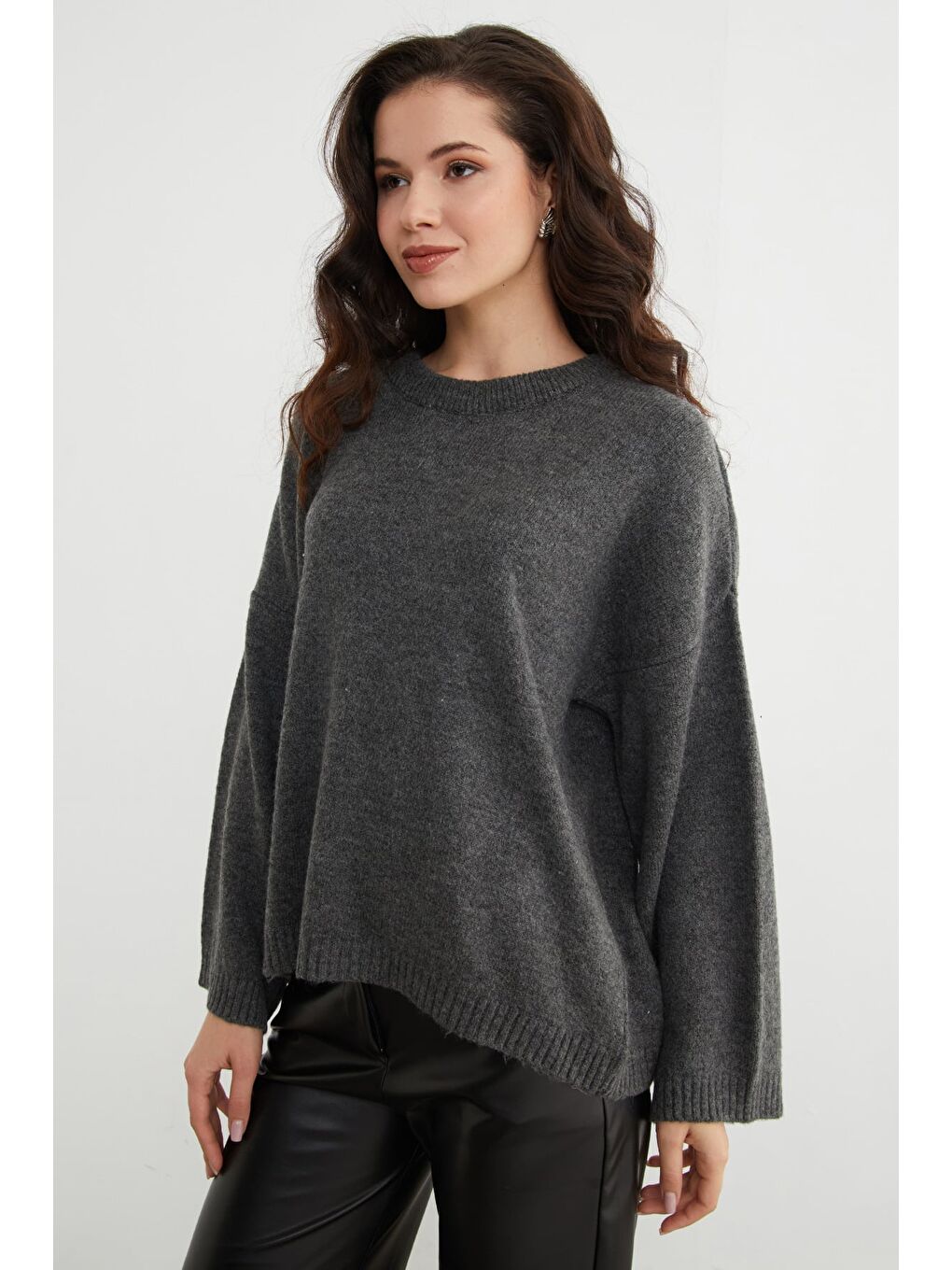 Antrasit Basic Bisiklet Yaka Salaş Triko Kazak-4