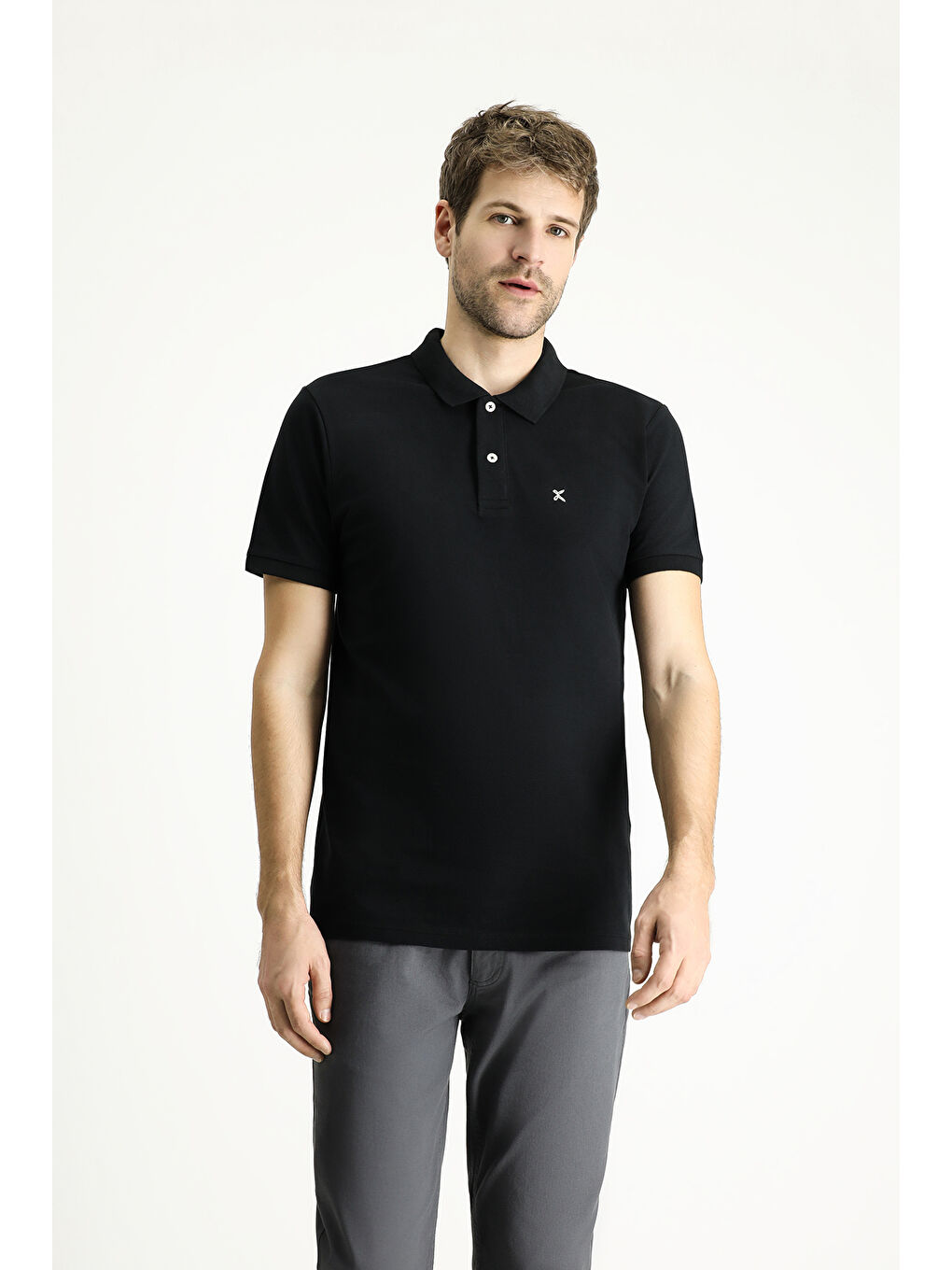 Siyah Polo Yaka Slim Fit Dar Kesim Nakışlı Pamuk %100 Pamuk Tişört-2