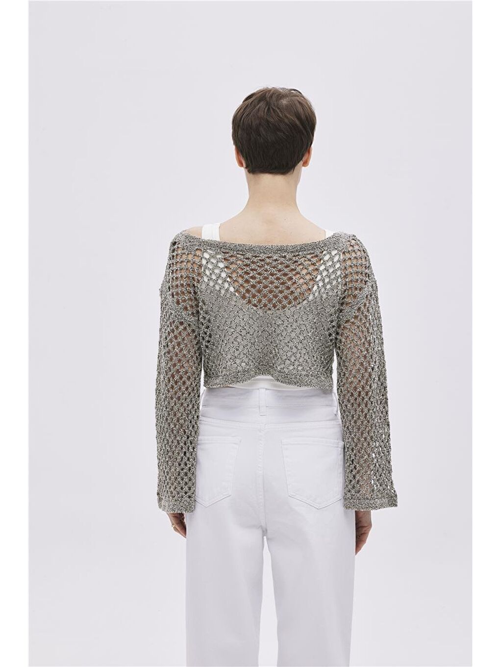 Ekru Haki Kayık Yaka Delikli Triko Bluz-4