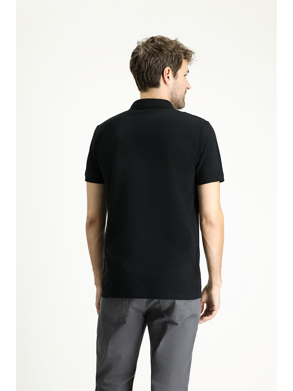 Siyah Polo Yaka Slim Fit Dar Kesim Nakışlı Pamuk %100 Pamuk Tişört-3