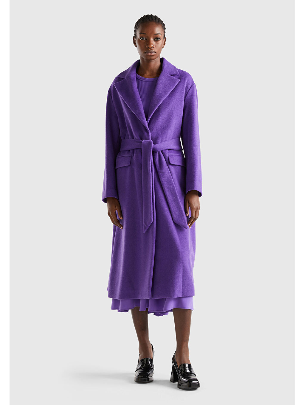 Kadın Mor Yün Karışımlı Belden Bağlamalı Parka