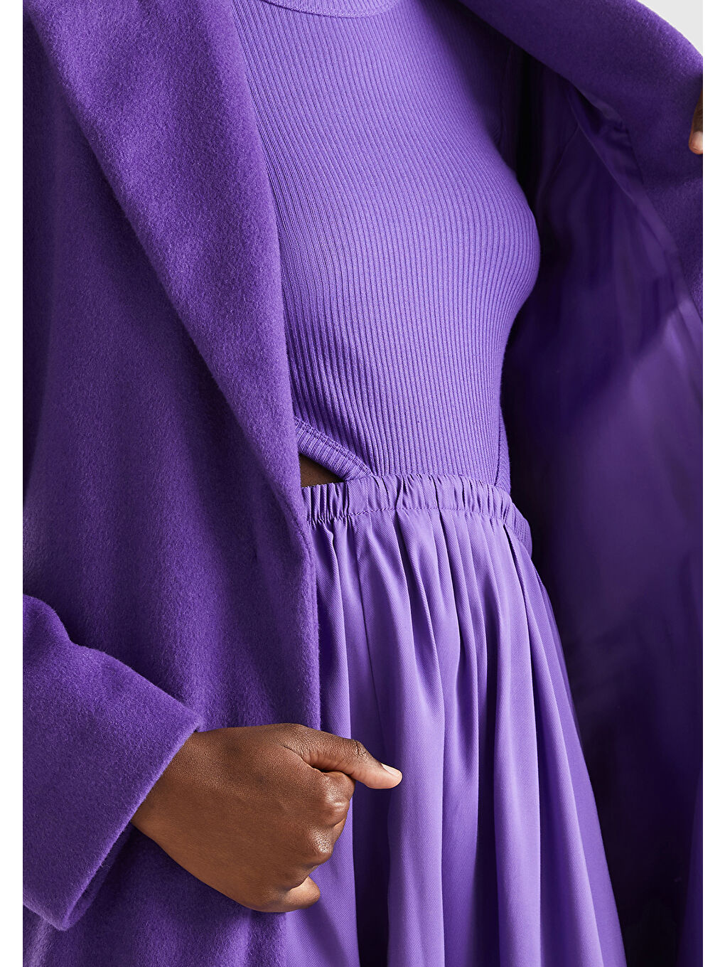 Kadın Mor Yün Karışımlı Belden Bağlamalı Parka-5