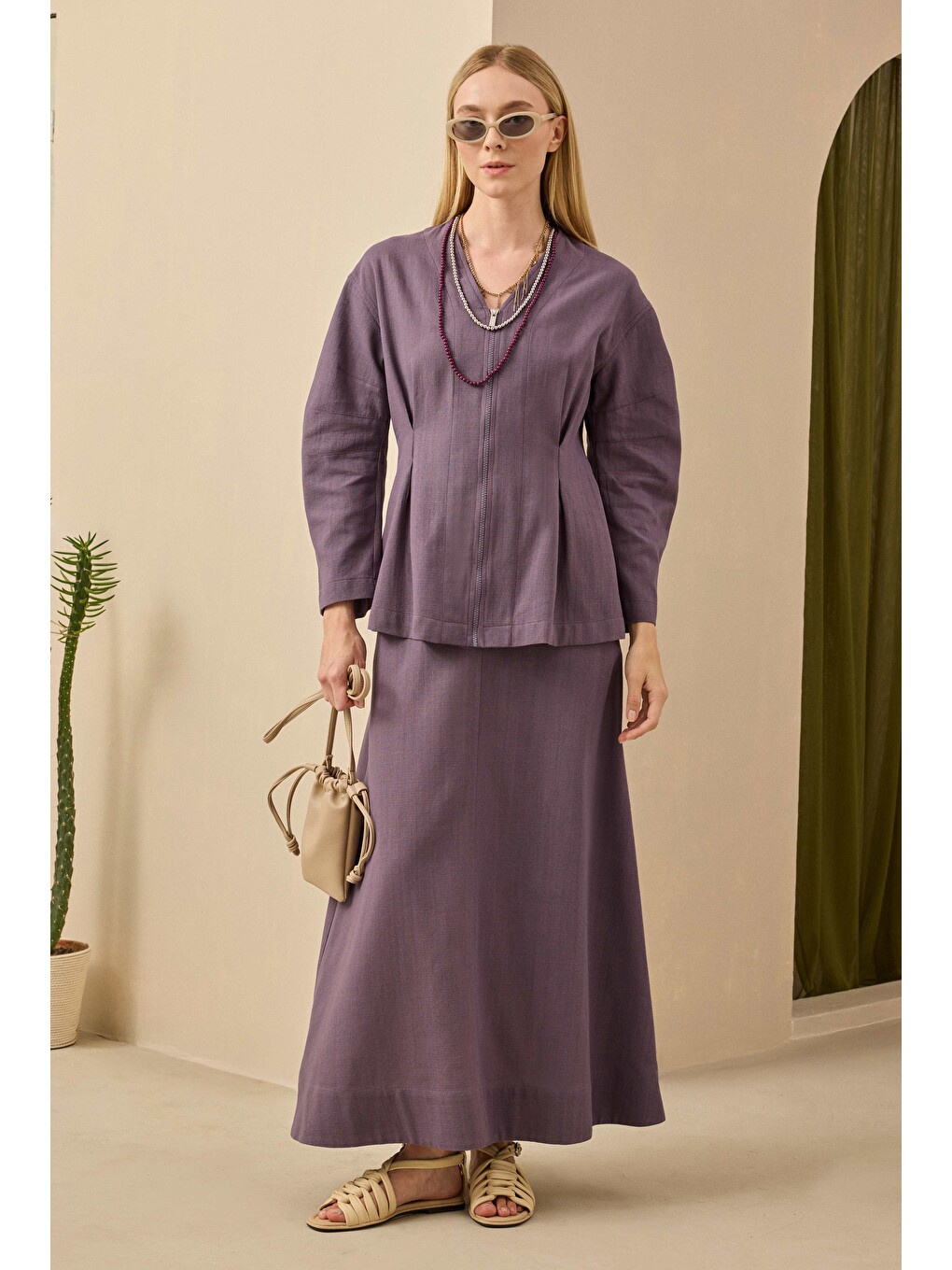Lila Pamuk Keten Ceket Retro Violet